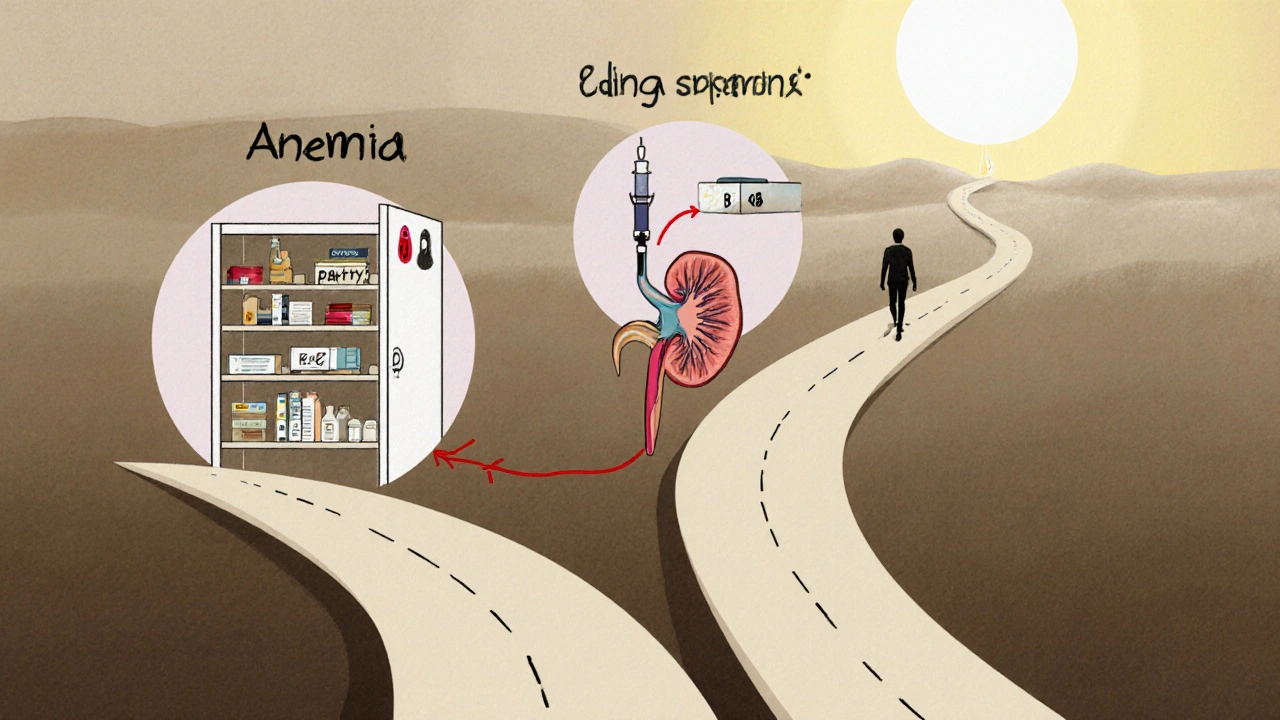 Tři cesty symbolizující různé typy anémie, všechny vedoucí k zdravému člověku ve světle.